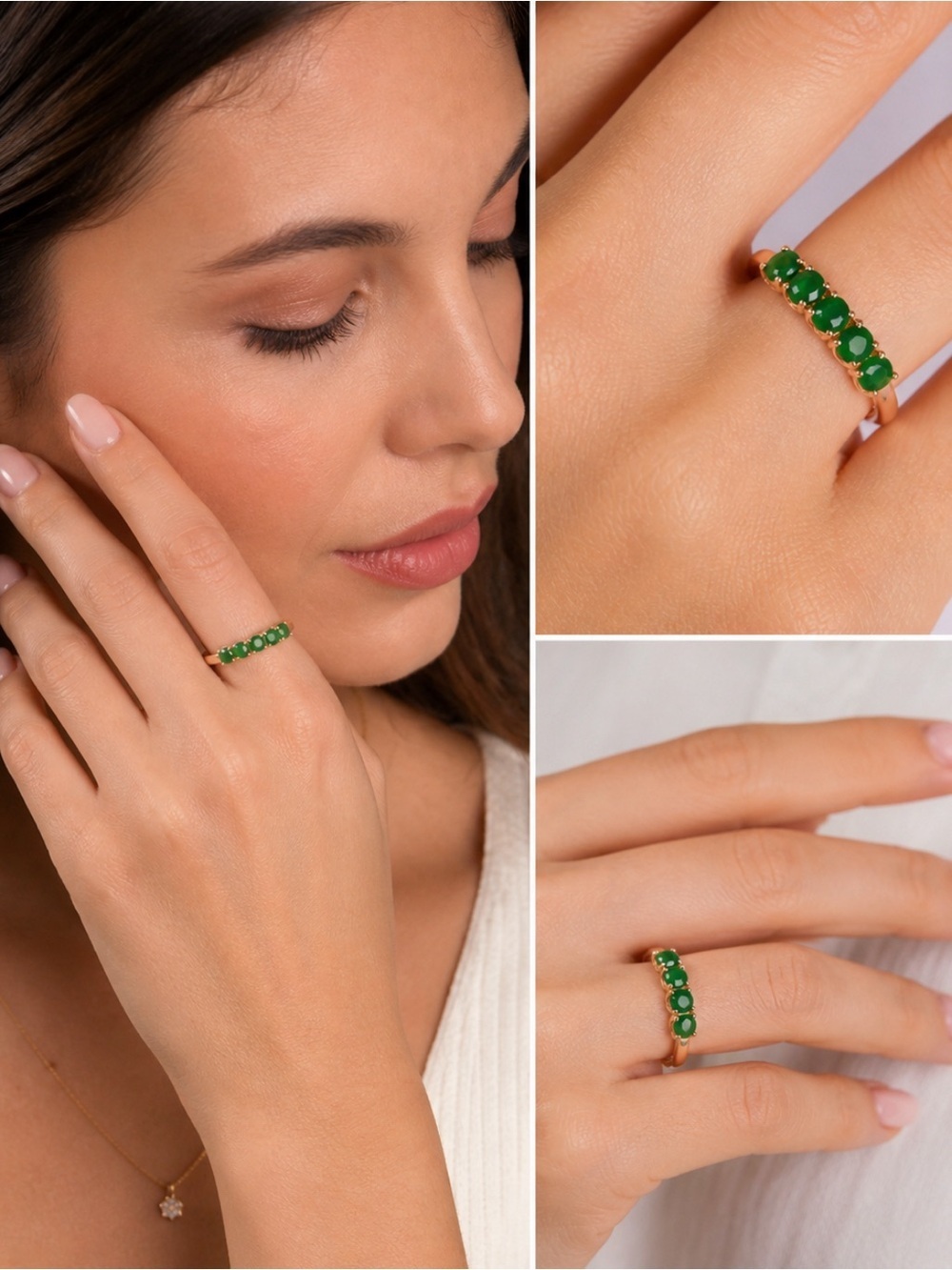 Elegant 18K rose gold tone ring featuring five vibrant green stones
